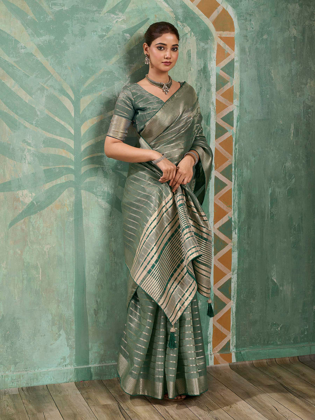 Nayoora Sage Green Tissue Cotton Zari Saree