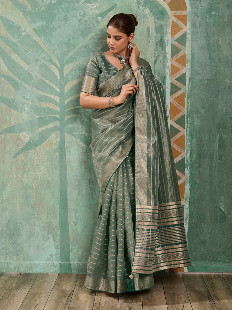 Nayoora Sage Green Tissue Cotton Zari Saree