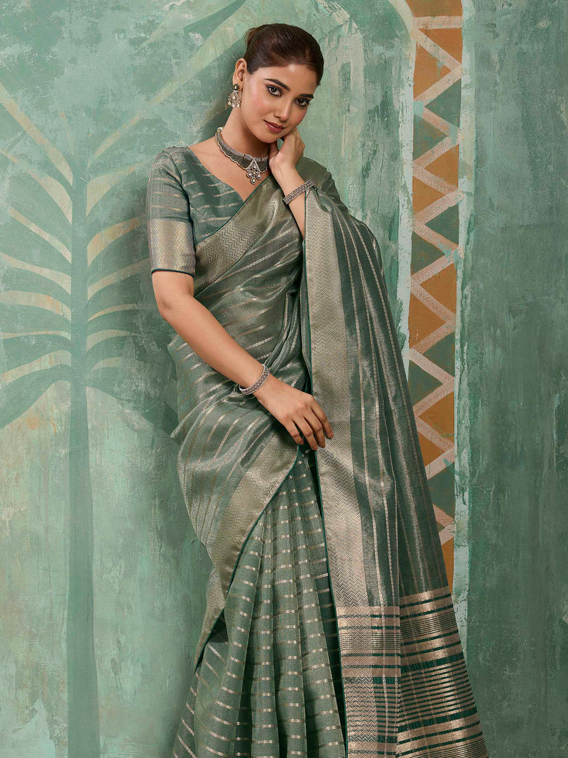 Nayoora Sage Green Tissue Cotton Zari Saree
