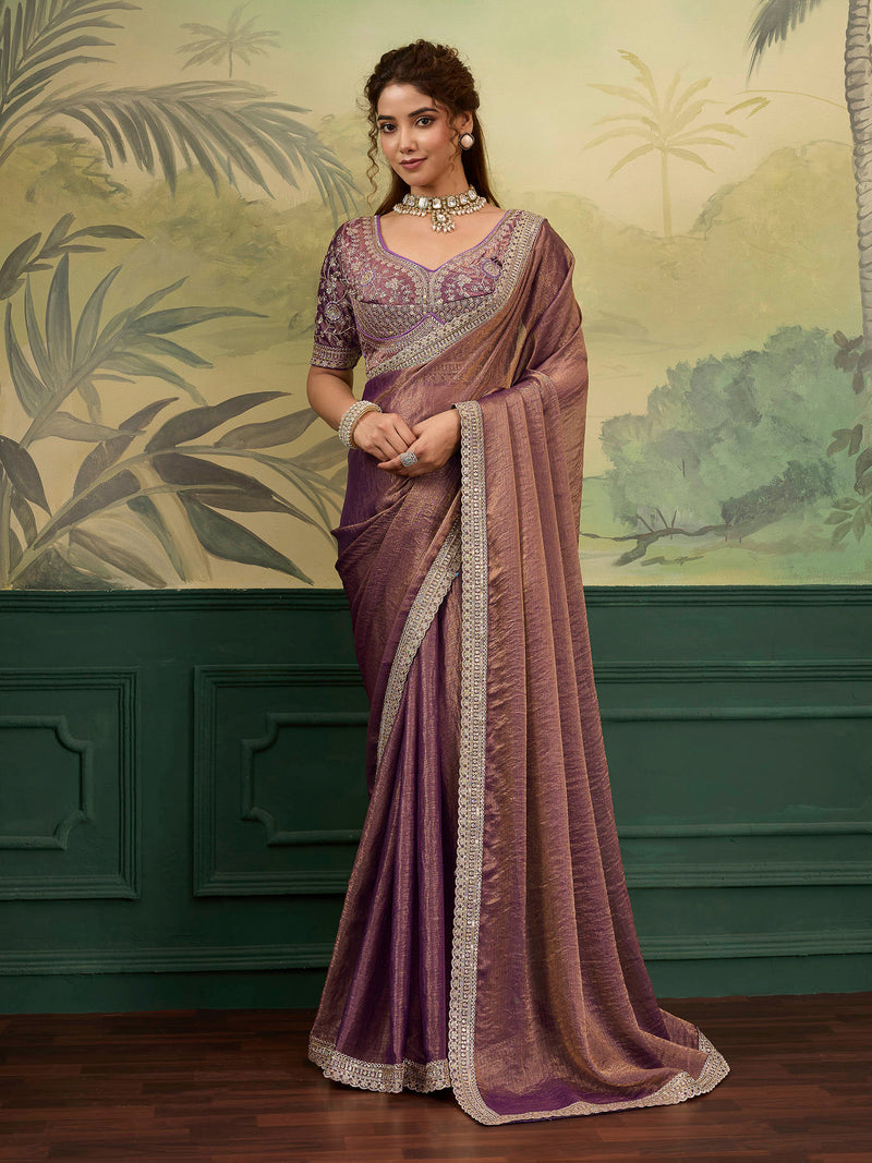 Nayoora Sheen Rise Mauve Brown Metallic Embroidered Saree