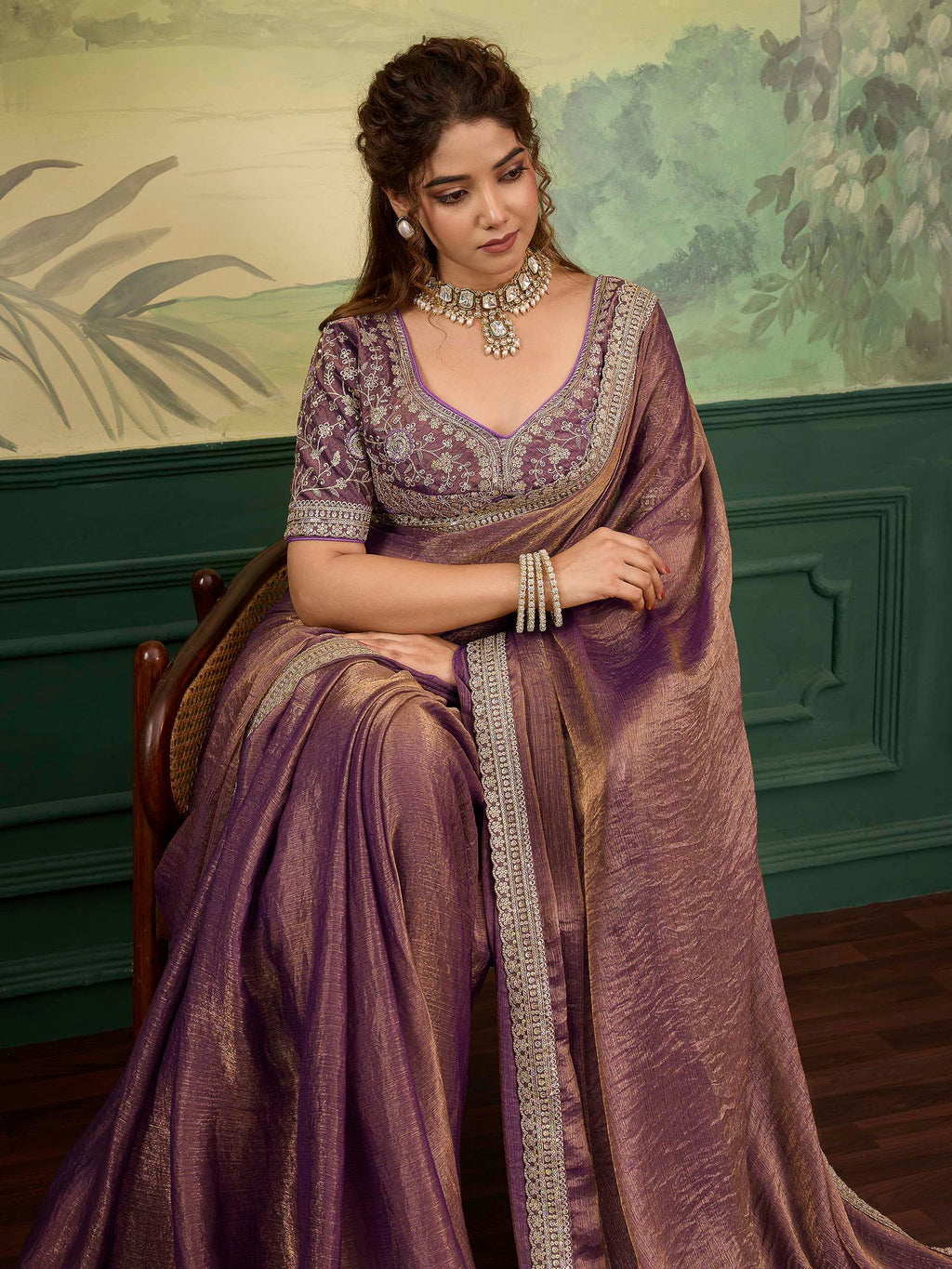 Nayoora Sheen Rise Mauve Brown Metallic Embroidered Saree