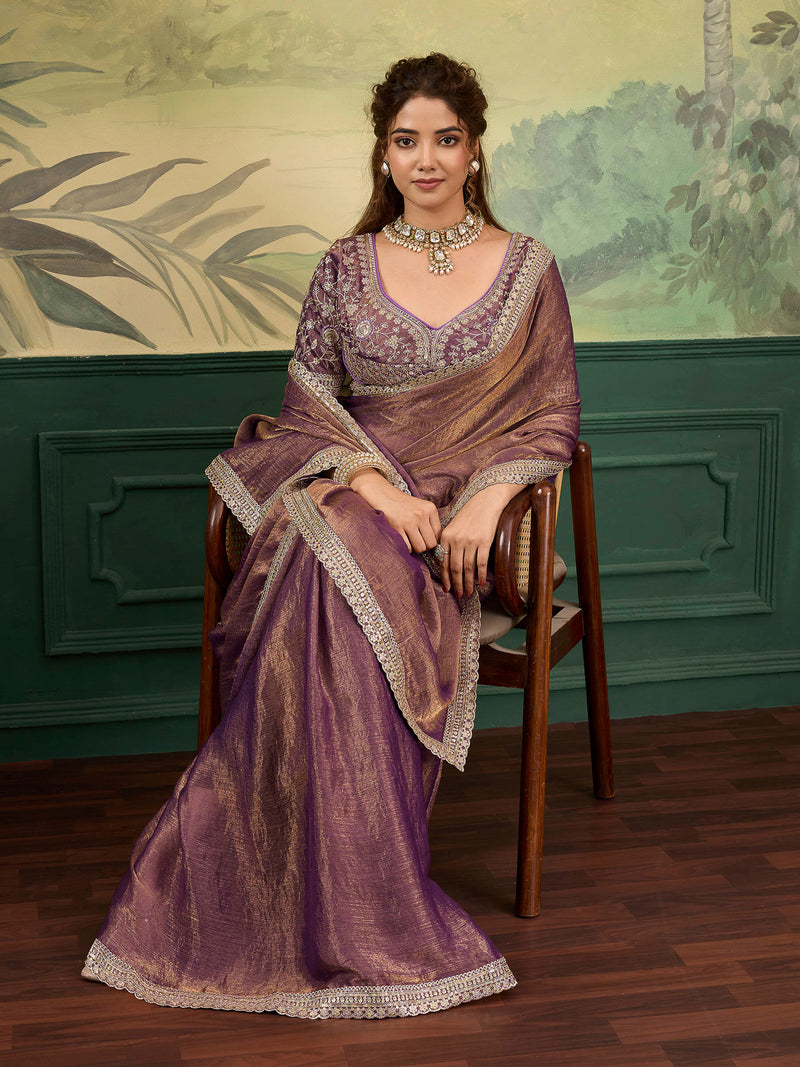 Nayoora Sheen Rise Mauve Brown Metallic Embroidered Saree