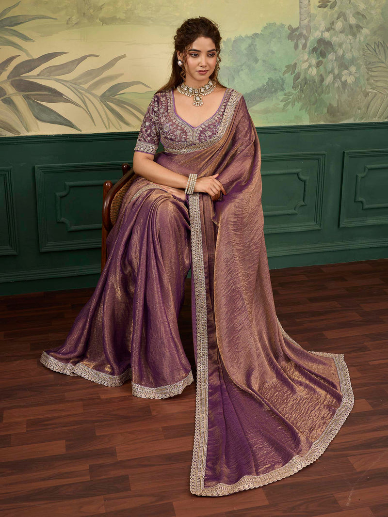 Nayoora Sheen Rise Mauve Brown Metallic Embroidered Saree