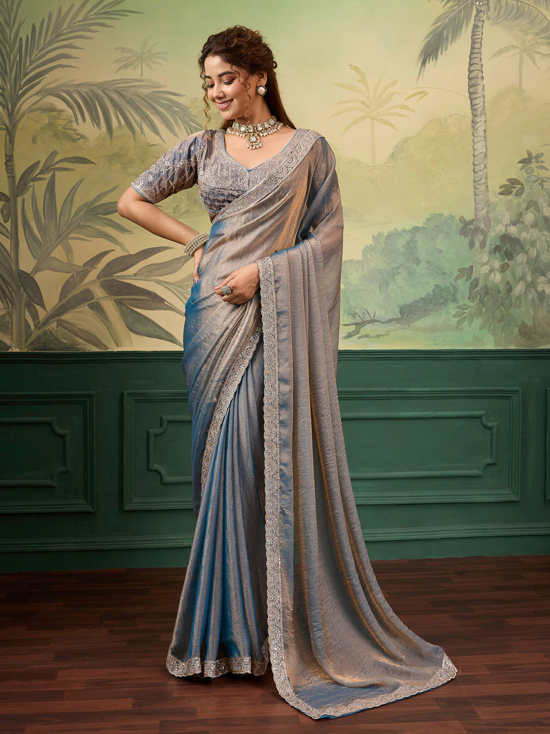 Nayoora Sheen Rise Teal Blue Metallic Embroidered Saree
