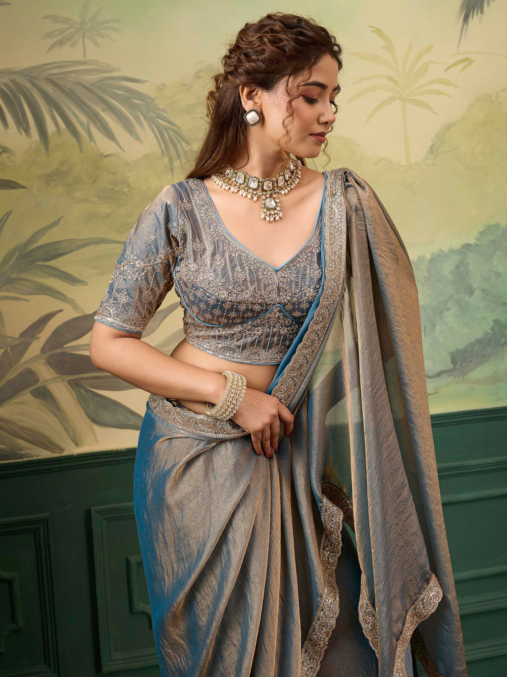 Nayoora Sheen Rise Teal Blue Metallic Embroidered Saree