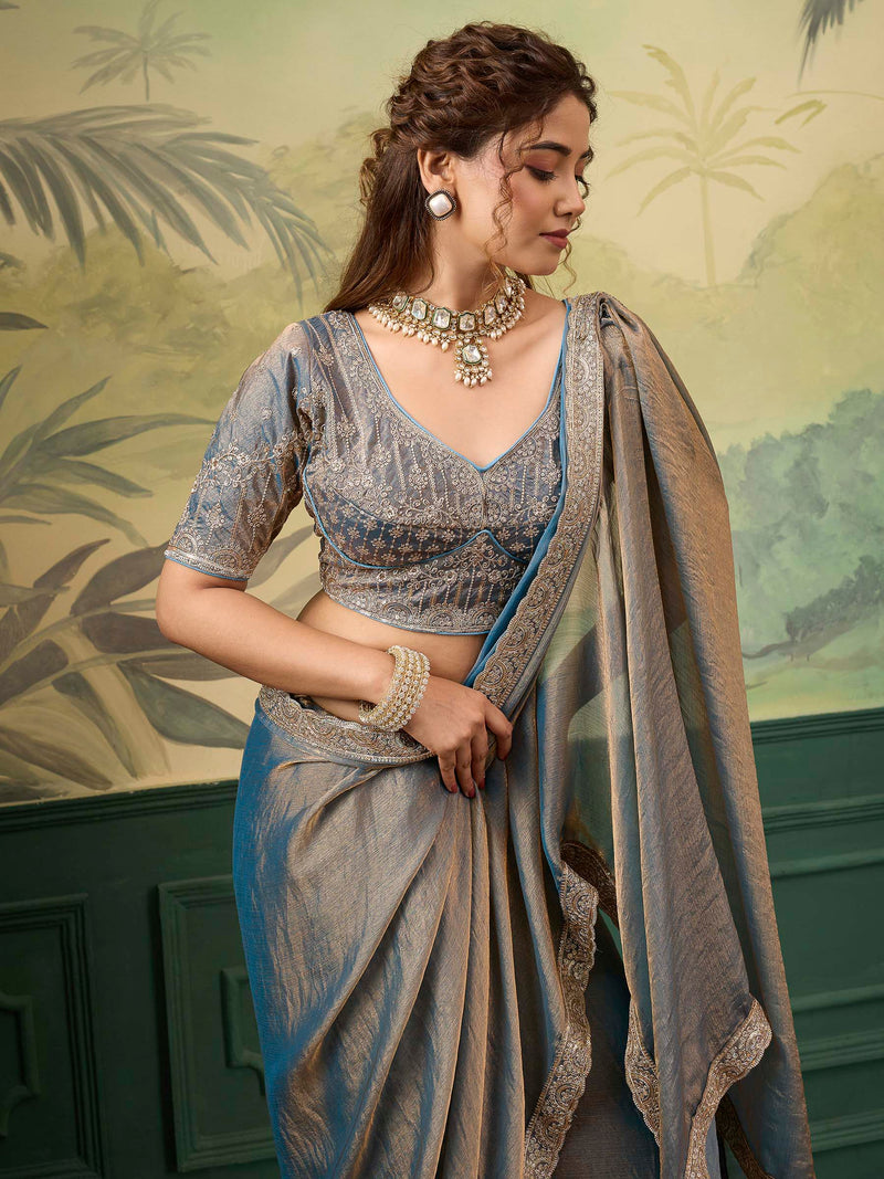 Nayoora Sheen Rise Teal Blue Metallic Embroidered Saree