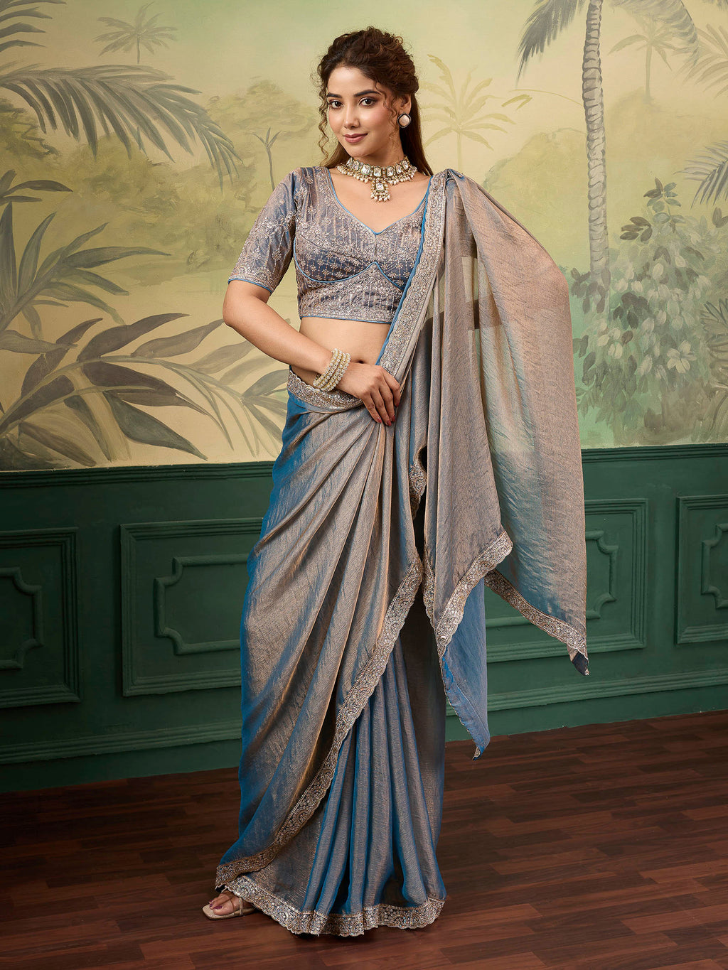 Nayoora Sheen Rise Teal Blue Metallic Embroidered Saree
