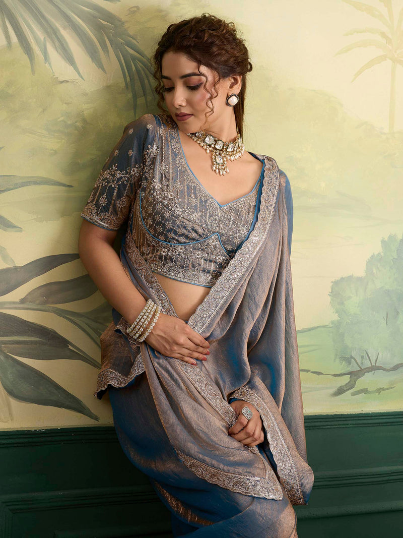 Nayoora Sheen Rise Teal Blue Metallic Embroidered Saree