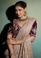 Nayoora Champagne Velvet Satin Embroidered Designer Saree