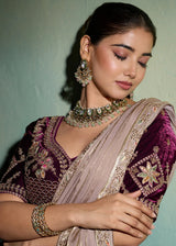 Nayoora Champagne Velvet Satin Embroidered Designer Saree