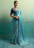 Nayoora Turquoise Blue Velvet Satin Embroidered Designer Saree