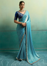 Nayoora Turquoise Blue Velvet Satin Embroidered Designer Saree