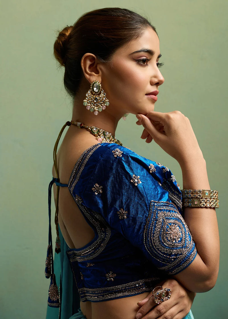 Nayoora Turquoise Blue Velvet Satin Embroidered Designer Saree