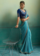 Nayoora Turquoise Blue Velvet Satin Embroidered Designer Saree