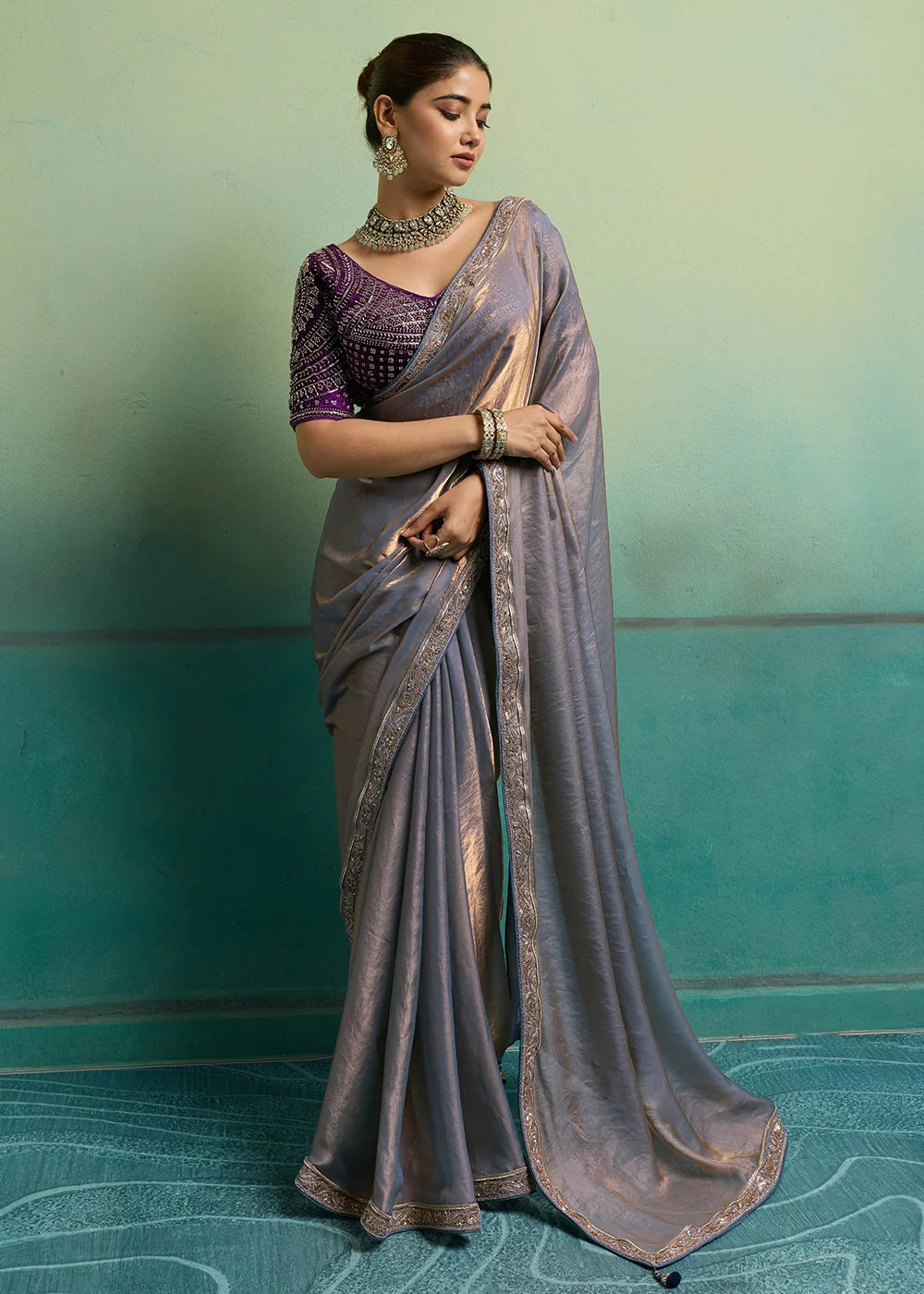 Nayoora Lavender Velvet Satin Embroidered Designer Saree