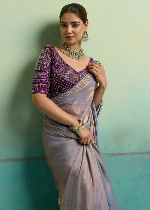 Nayoora Lavender Velvet Satin Embroidered Designer Saree