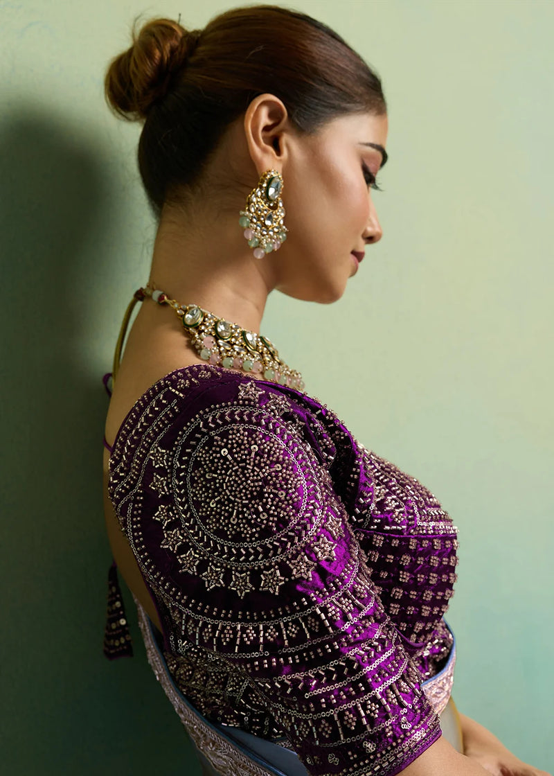 Nayoora Lavender Velvet Satin Embroidered Designer Saree