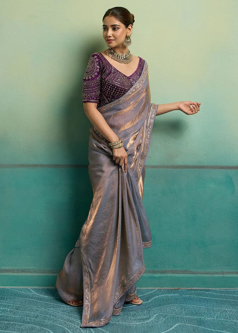 Nayoora Lavender Velvet Satin Embroidered Designer Saree