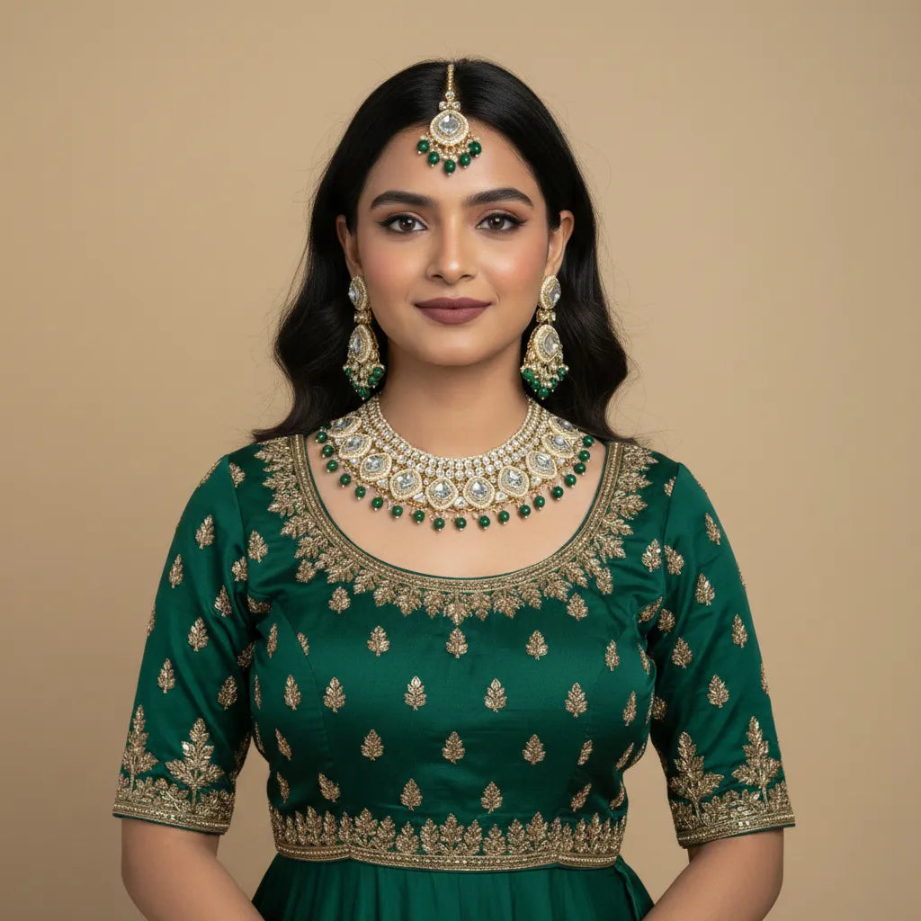 Nayoora Emerald Green Kundan Choker Jewellery Set