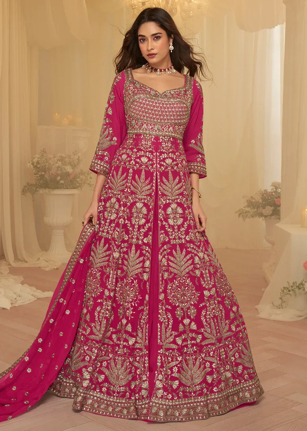 Nayoora Luxe Magenta Pink Real Georgette Front-Slit Skirt Set - Nayoora