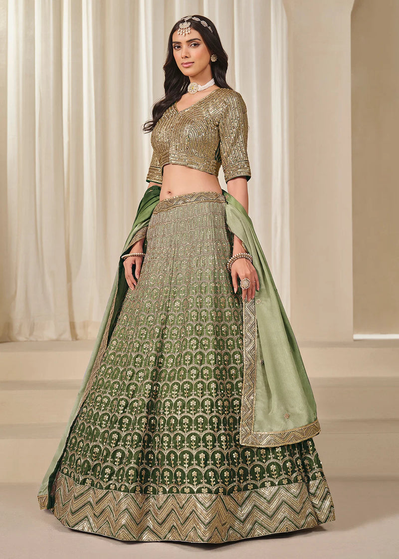 Nayoora Emerald Green Premium Chinnon Silk Lehenga Choli with Heavy Work