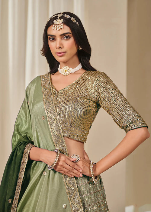 Nayoora Emerald Green Premium Chinnon Silk Lehenga Choli with Heavy Work