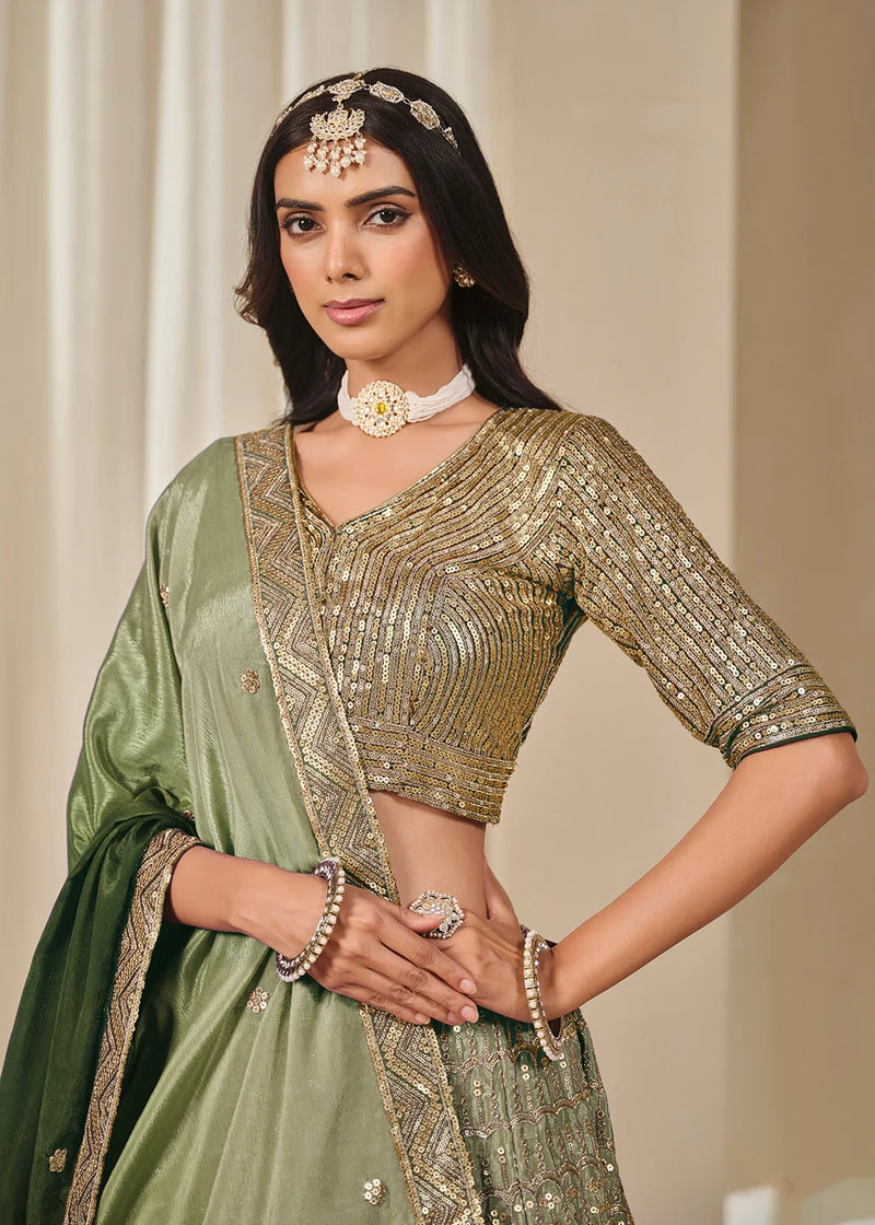 Nayoora Emerald Green Premium Chinnon Silk Lehenga Choli with Heavy Work