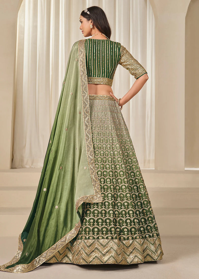 Nayoora Emerald Green Premium Chinnon Silk Lehenga Choli with Heavy Work