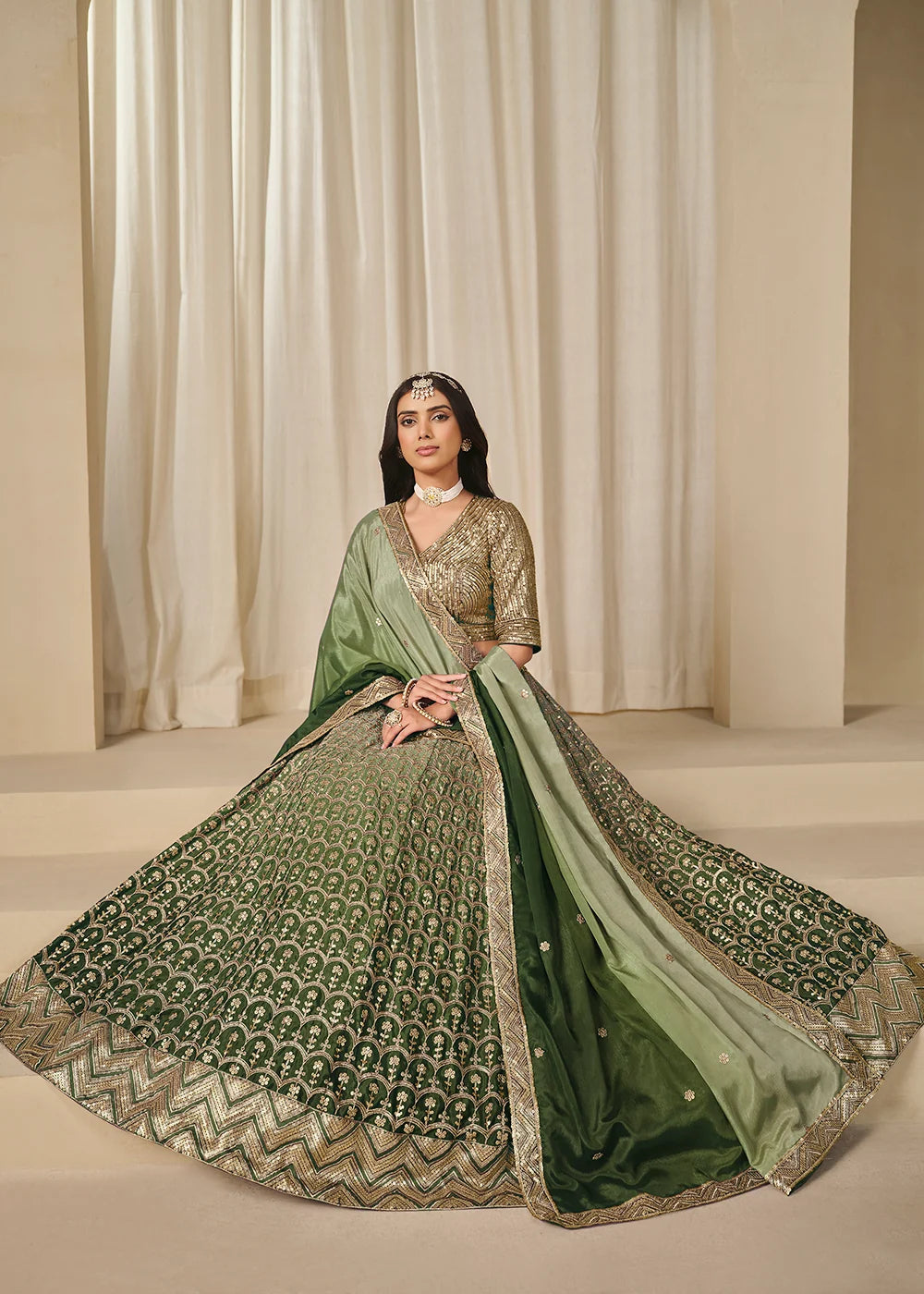 Nayoora Emerald Green Premium Chinnon Silk Lehenga Choli with Heavy Work