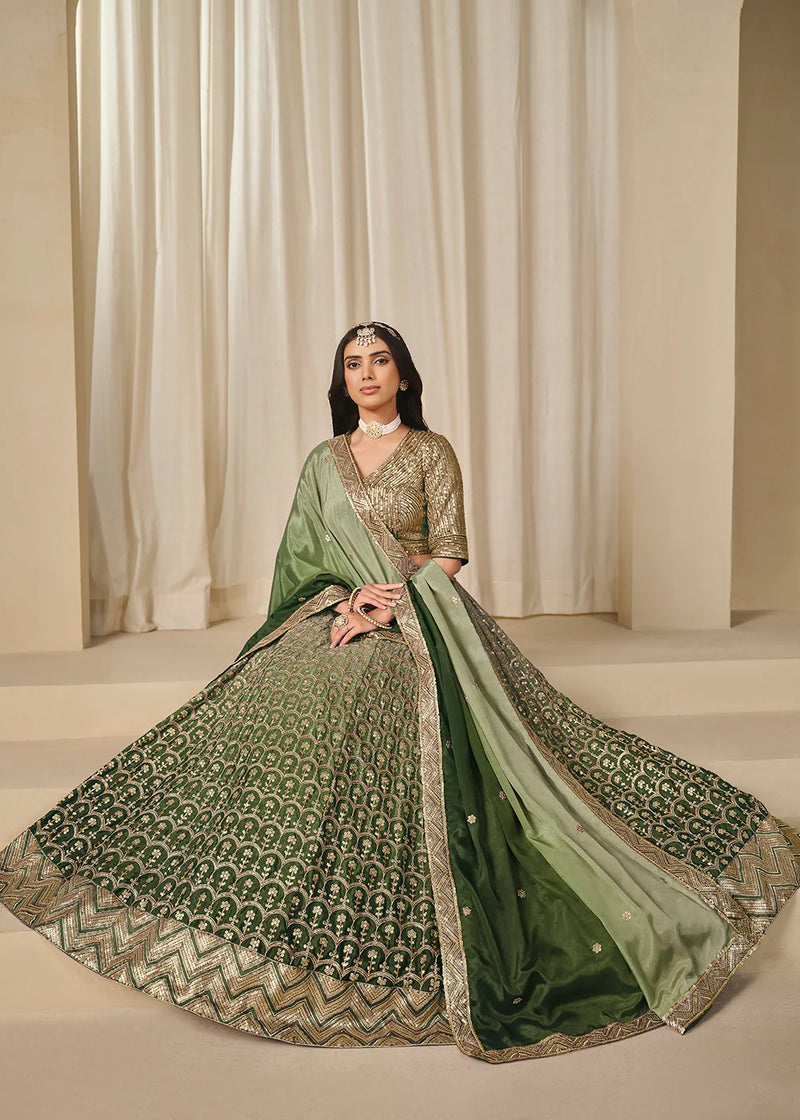 Nayoora Emerald Green Premium Chinnon Silk Lehenga Choli with Heavy Work