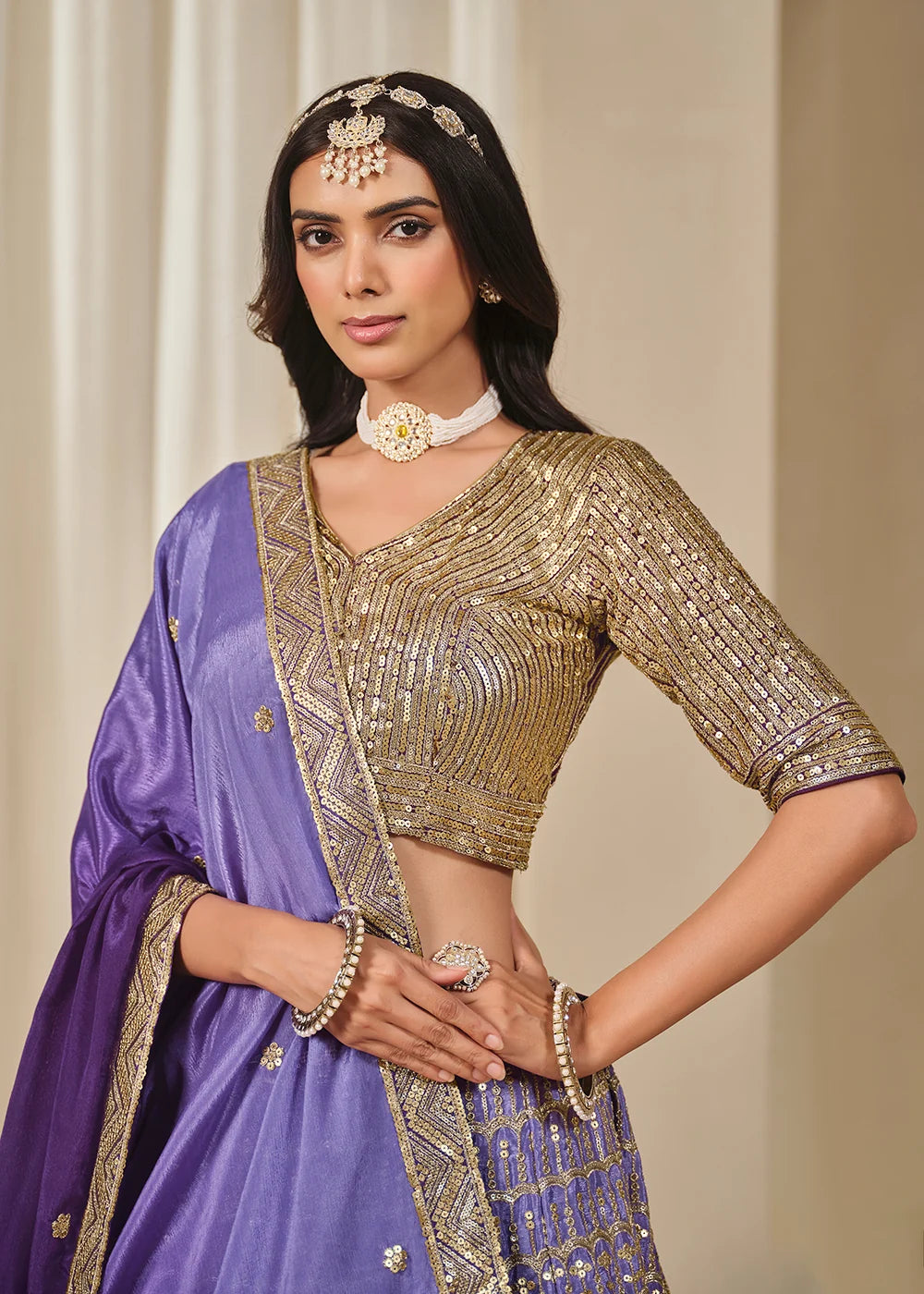 Nayoora Royal Purple Premium Chinnon Silk Lehenga Choli with Heavy Work