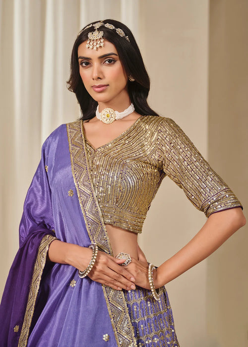 Nayoora Royal Purple Premium Chinnon Silk Lehenga Choli with Heavy Work