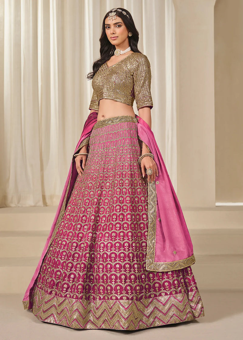 Nayoora Rani Pink Premium Chinnon Silk Lehenga Choli with Heavy Work