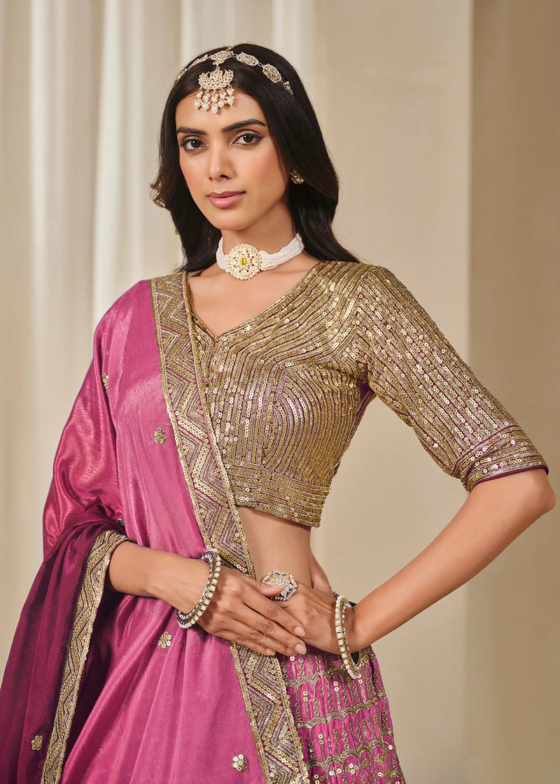Nayoora Rani Pink Premium Chinnon Silk Lehenga Choli with Heavy Work
