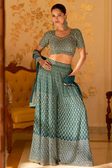 Nayoora Teal Embellished Georgette Palazzo Suit with Dupatta