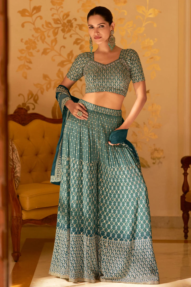 Nayoora Teal Embellished Georgette Palazzo Suit with Dupatta