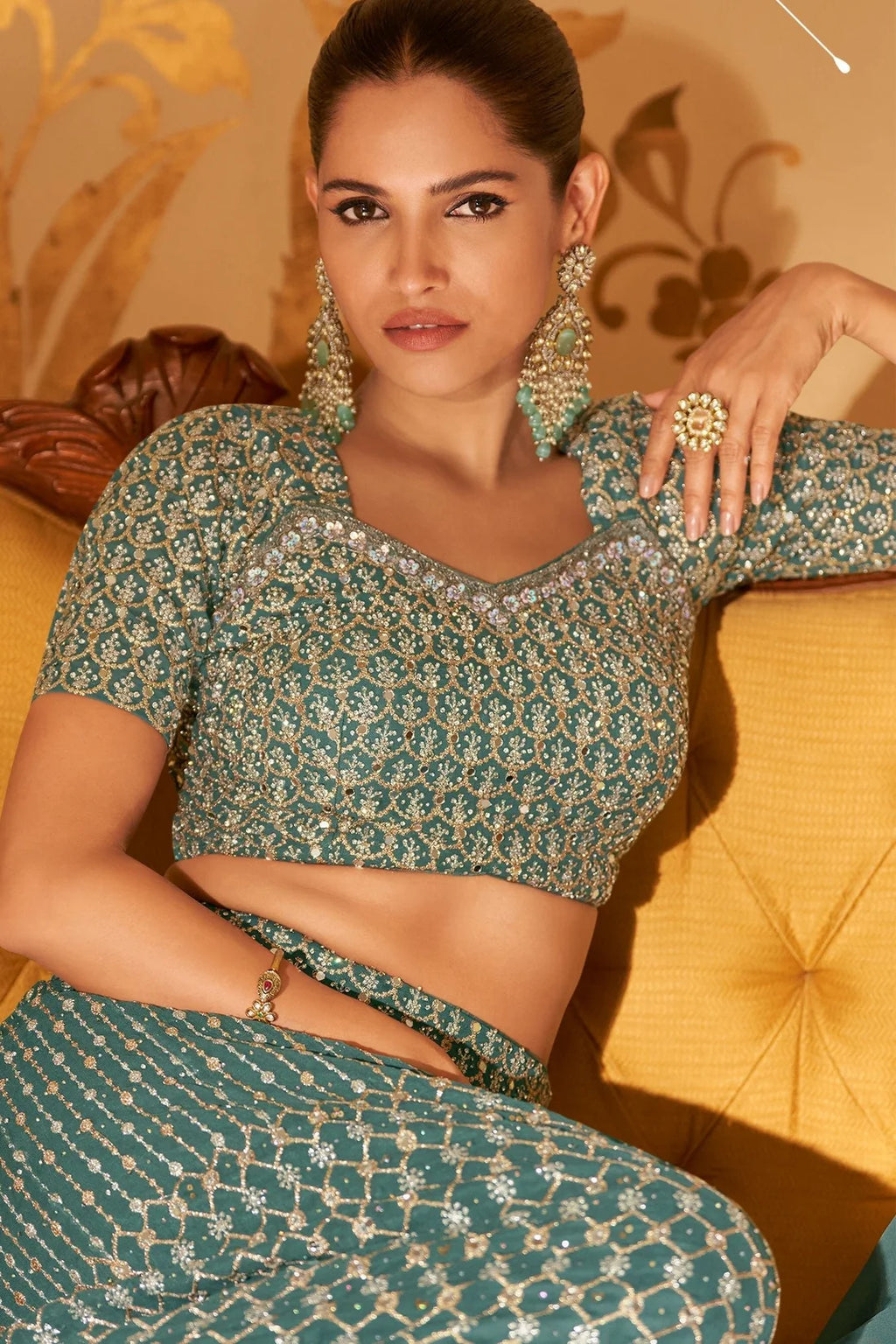 Nayoora Teal Embellished Georgette Palazzo Suit with Dupatta