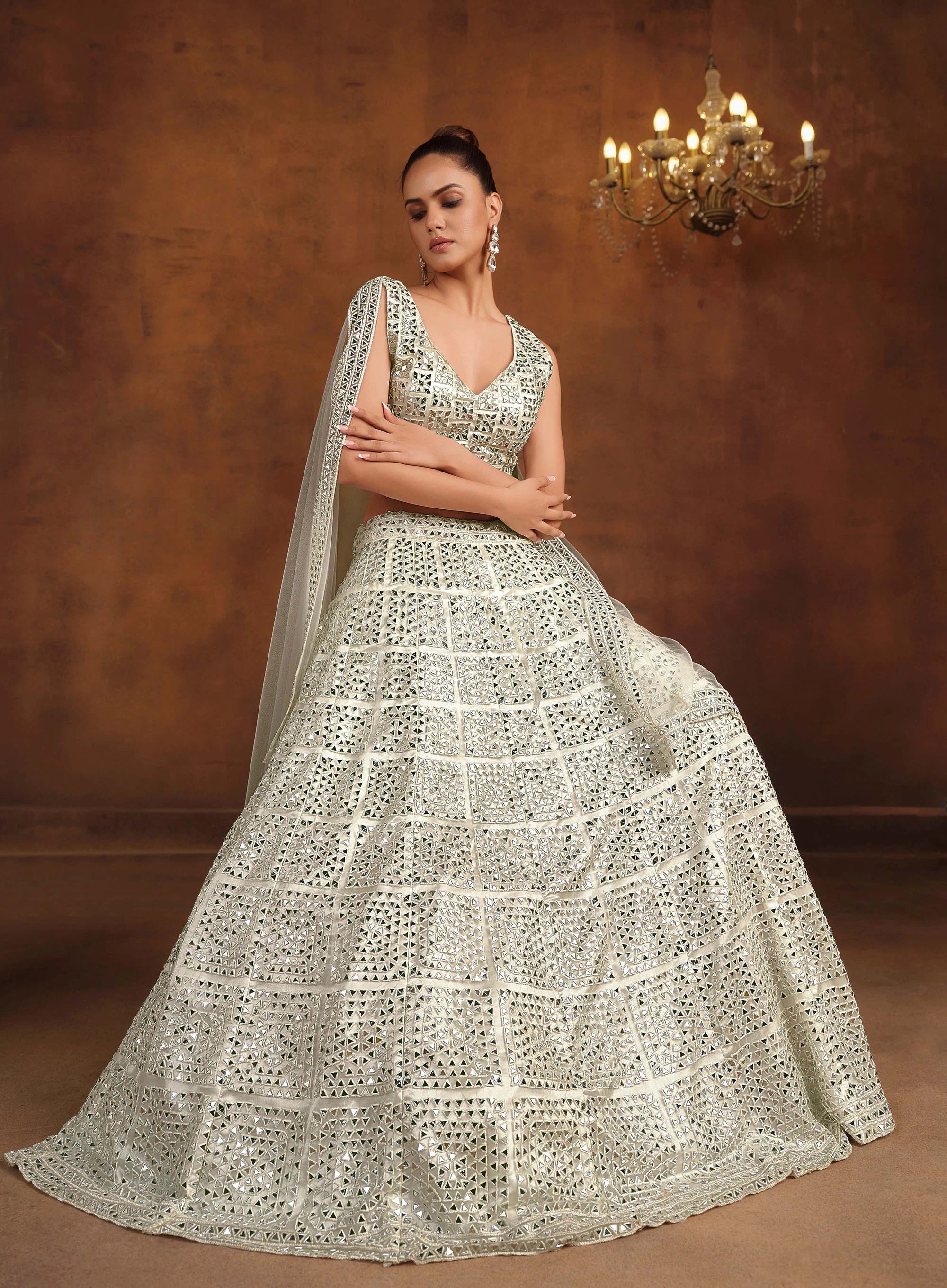 Nayoora Sanya Artisanal Mirror Work Off White Bridal Lehenga