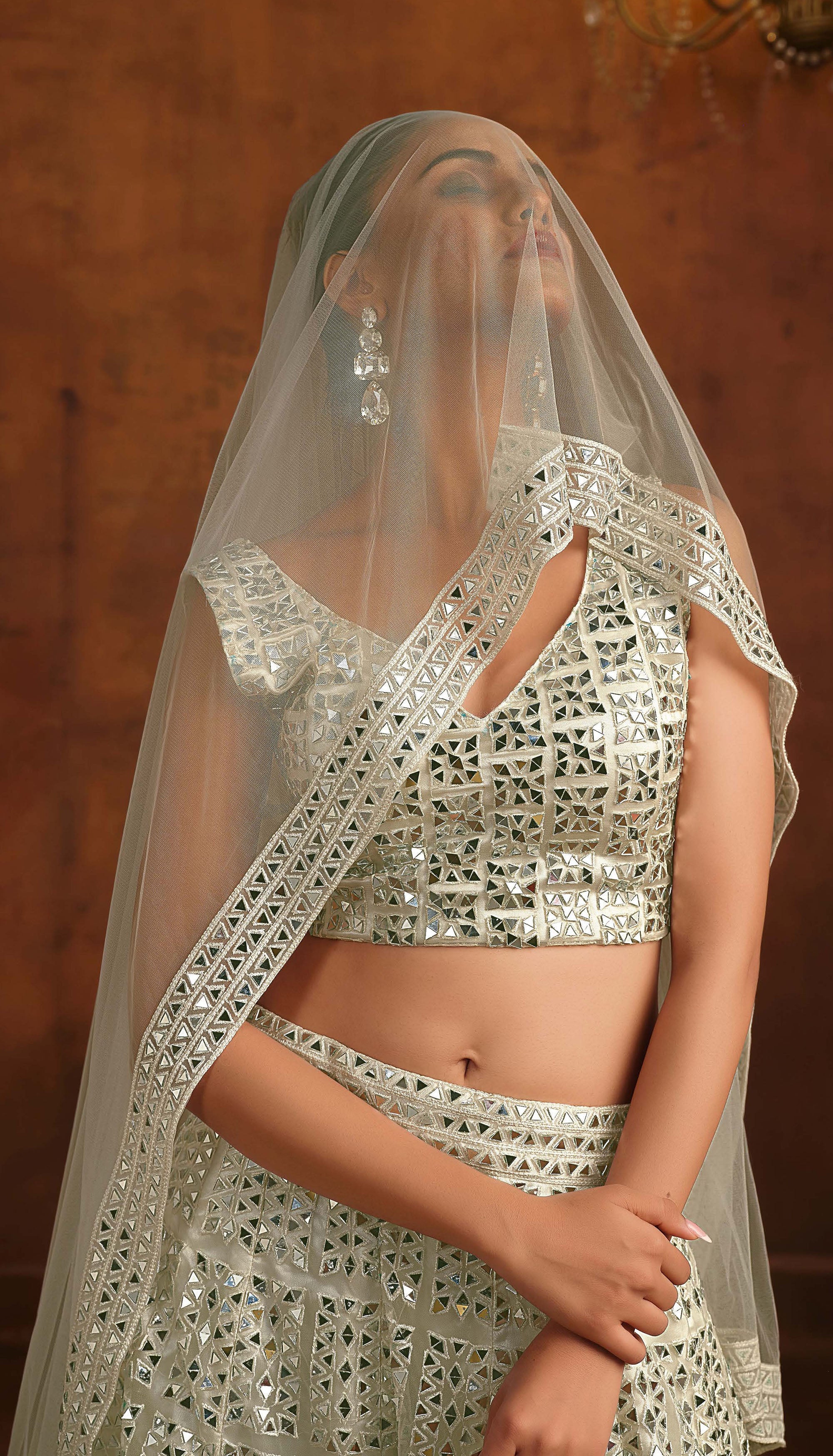 Nayoora Sanya Artisanal Mirror Work Off White Bridal Lehenga