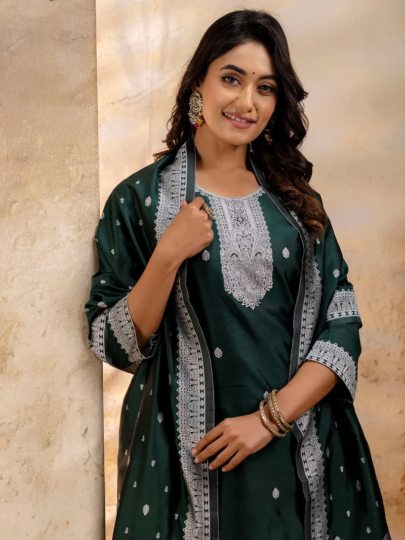 Nayoora Emerald Green Embroidered Cotton Blend Kurta Pant Set with Banarasi Silk Dupatta