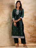 Nayoora Emerald Green Embroidered Cotton Blend Kurta Pant Set with Banarasi Silk Dupatta