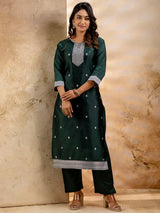Nayoora Emerald Green Embroidered Cotton Blend Kurta Pant Set with Banarasi Silk Dupatta
