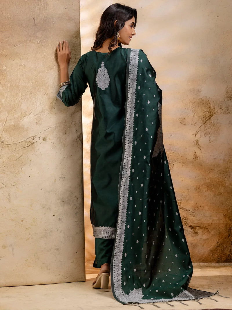 Nayoora Emerald Green Embroidered Cotton Blend Kurta Pant Set with Banarasi Silk Dupatta