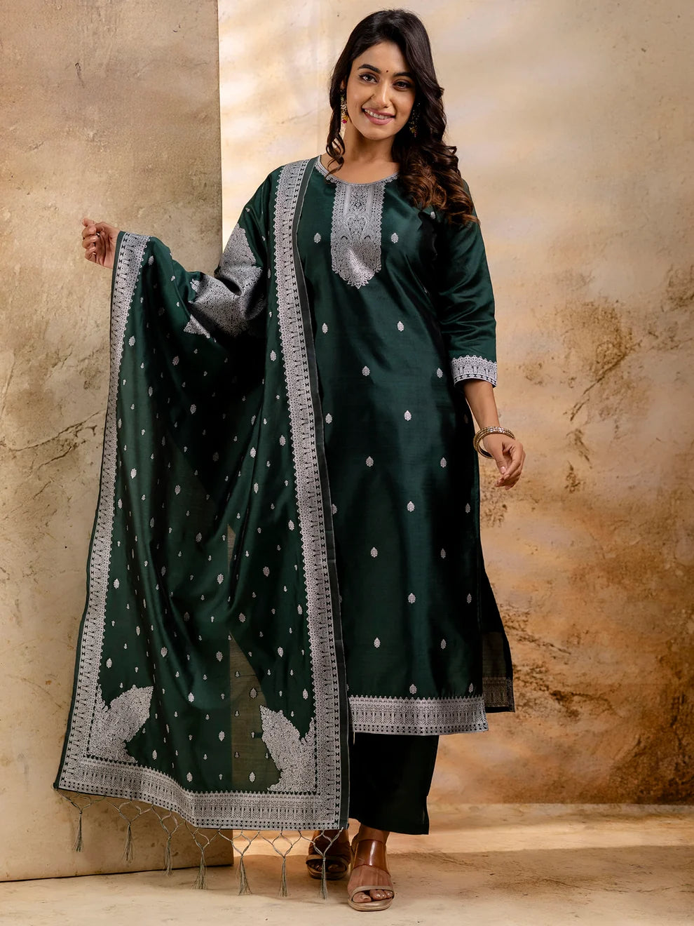 Nayoora Emerald Green Embroidered Cotton Blend Kurta Pant Set with Banarasi Silk Dupatta