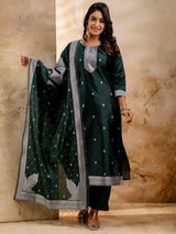 Nayoora Emerald Green Embroidered Cotton Blend Kurta Pant Set with Banarasi Silk Dupatta