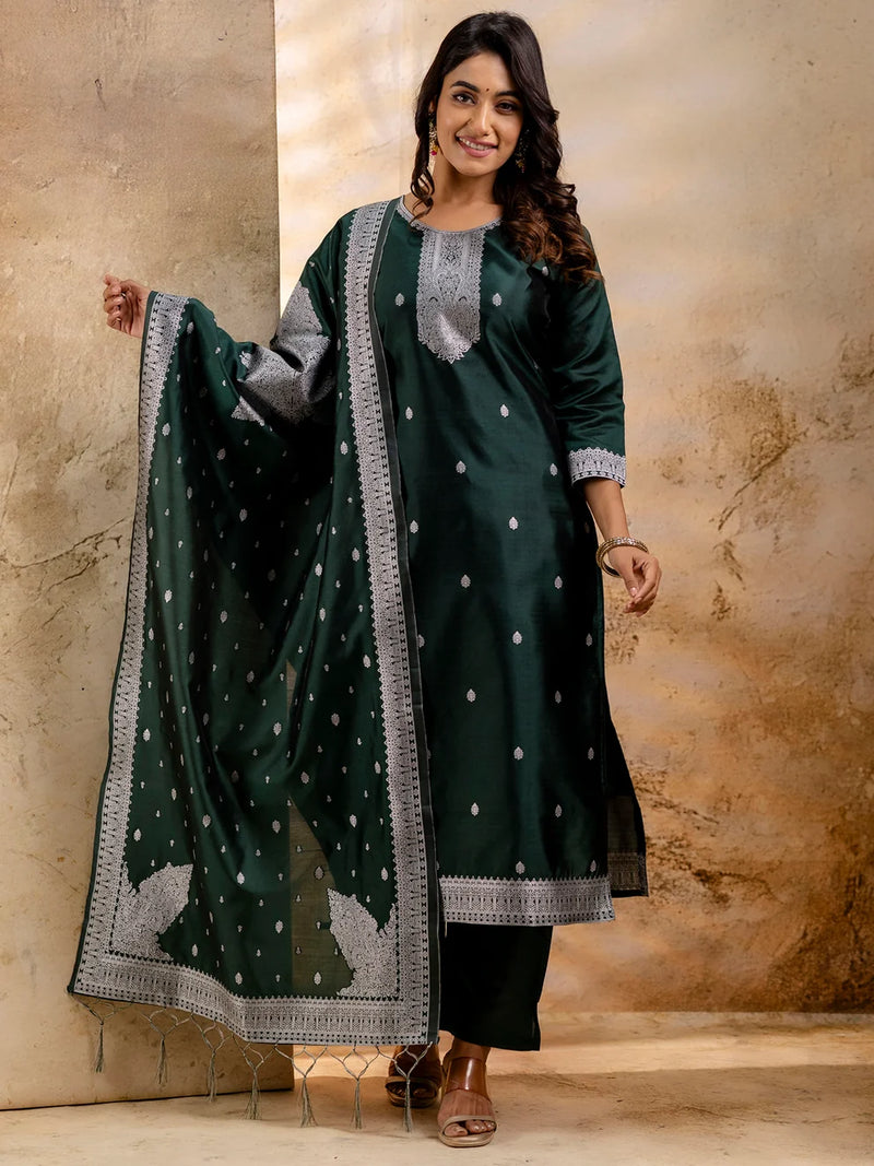 Nayoora Emerald Green Embroidered Cotton Blend Kurta Pant Set with Banarasi Silk Dupatta