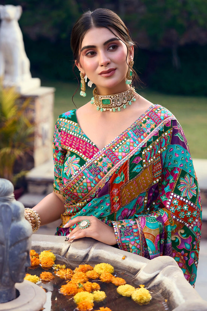 Nayoora Rang Dhara Multicolor Premium Mirror Work Designer Saree