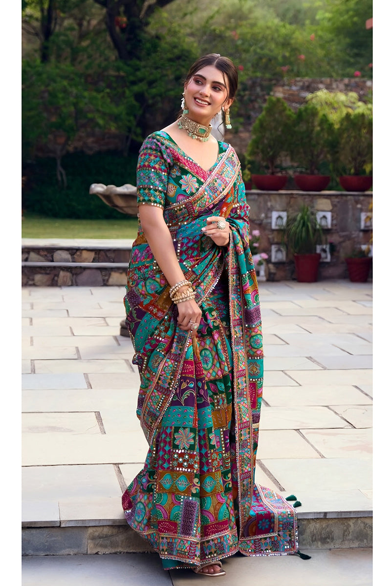 Nayoora Rang Dhara Multicolor Premium Mirror Work Designer Saree