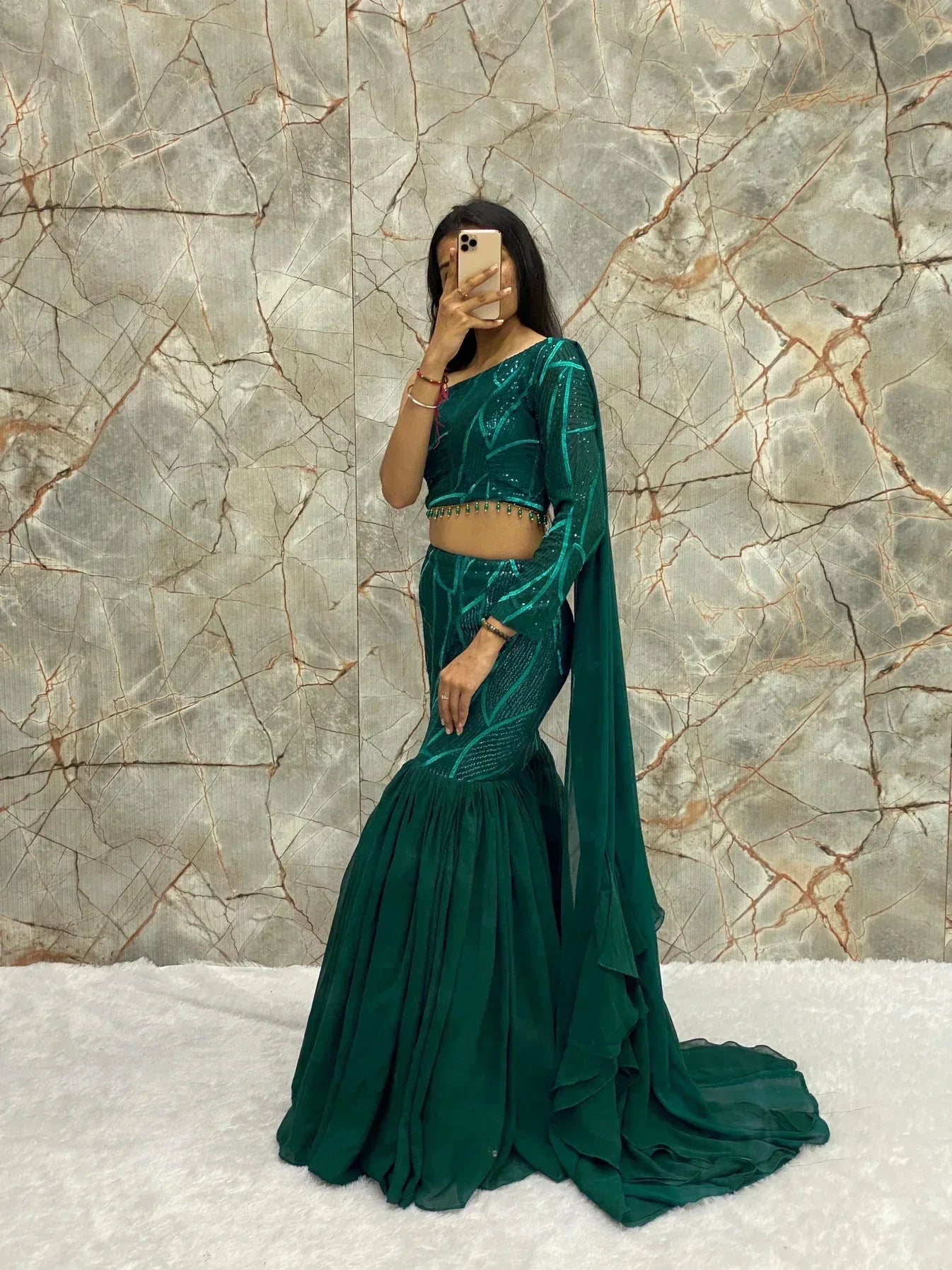 Nayoora Luxe Emerald & Blush Rose Western Lehenga Set - Nayoora