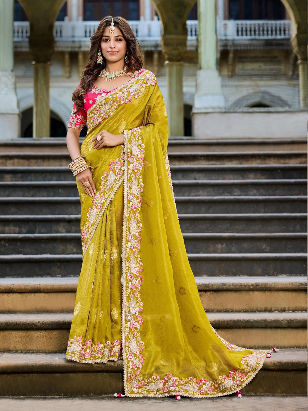 Nayoora Olive Green Silk Designer Saree with Rani Pink Embroidered Blouse